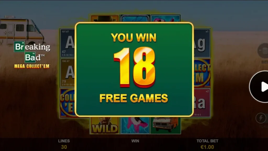 Breaking Bad Mega Collect’Em slot game interface featuring desert theme and chemistry equipment